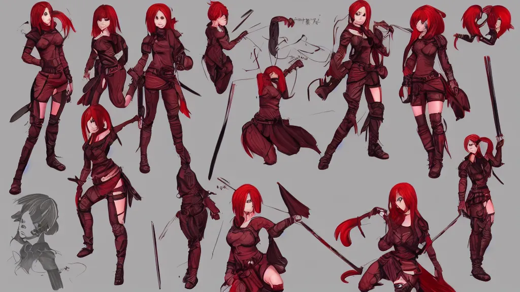 Image similar to a fantasy female red haired kunoichi character design sheet, trending on artstation