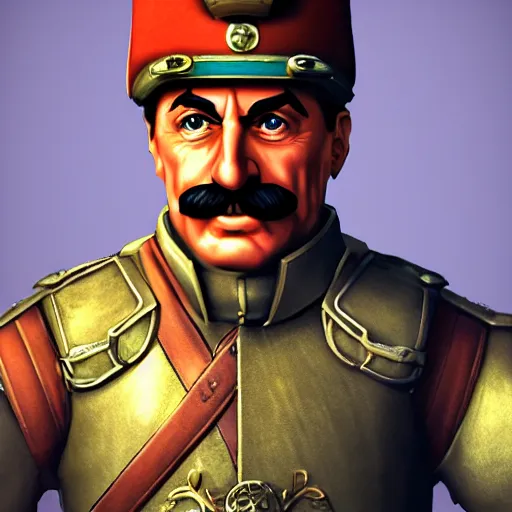 Image similar to PSX JRPG highly stylized Portrait of Stalin in a Steampunk Knight uniform, trending on artstation, octane render, unreal