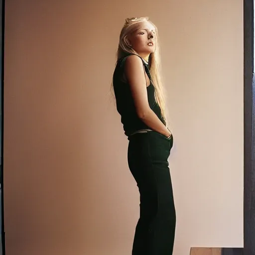 Prompt: portrait photograph by annie leibovitz of olive skinned blonde female in her twenties wearing designer clothes