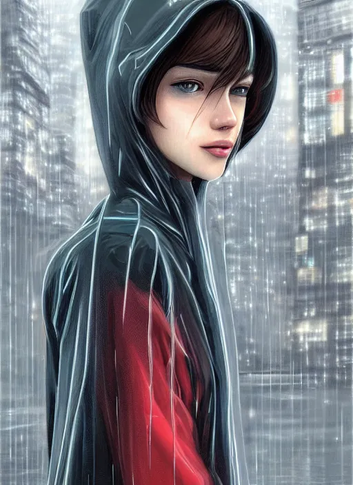 Image similar to a realistic portrait of a beautiful woman wearing a futuristic transparent raincoat with hoodie in a dystopian city, raining, by ilya kuvshinov