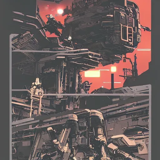 Prompt: the spacebattle, industrial scifi, cyberpunk, in the style of Ashley Wood and Moebius