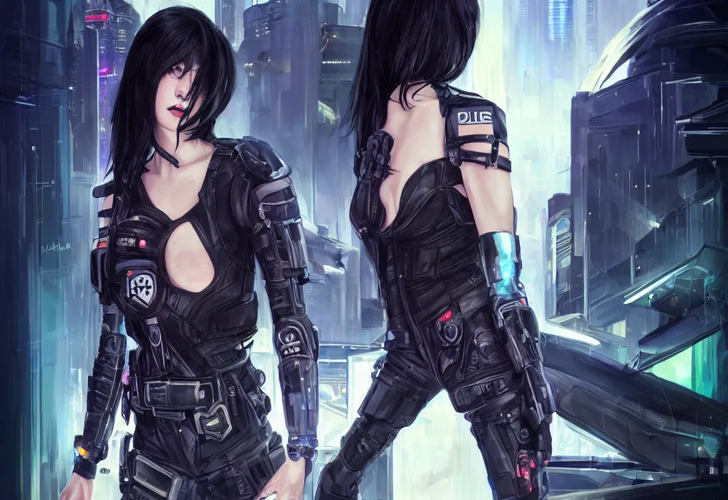 Image similar to portrait chill black hair of futuristic symmetrical face female police, black armored uniform, tatoo, at rooftop futuristic cyberpunk feel tokyo, ssci - fi and fantasy, neon light, intricate and very very beautiful, digital painting, artstation, concept art, smooth and sharp focus, illustration, art by tian zi and wlop and alphonse mucha, frostbite engine