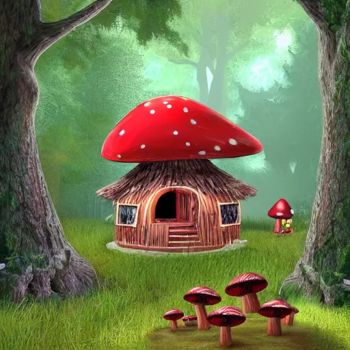 Image similar to a gnome treehouse surrounded by trees and red mushrooms with a deer digital art