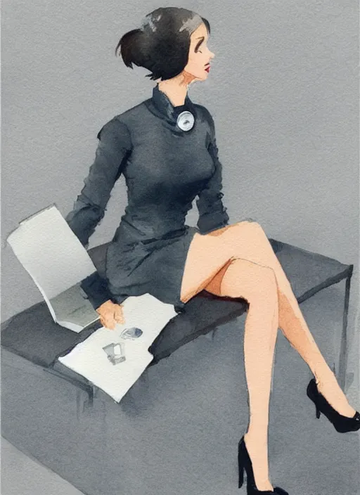 Image similar to concept art of a modern office life, young attractive business woman in pencil miniskirt and sleeveless turtleneck, pinterest, artstation trending, behance, watercolor, by coby whitmore, silver, laser light,