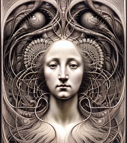 Image similar to detailed realistic beautiful anodized goddess face portrait by jean delville, gustave dore, iris van herpen and marco mazzoni, art forms of nature by ernst haeckel, art nouveau, symbolist, visionary, gothic, neo - gothic, pre - raphaelite, fractal lace, intricate alien botanicals, biodiversity, surreality, hyperdetailed ultrasharp octane render