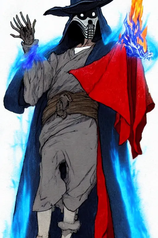 Image similar to a pencil smear sketch of a plague doctor with a blue wizard robe holding his right hand out with fire coming off of it, as a d & d character, blue robe, magical, red highlights, hip hop aesthetic, concept sheet, painting by gaston bussiere, demon slayer, akiri toriyama, dramatic lighting, professional manga style, anime