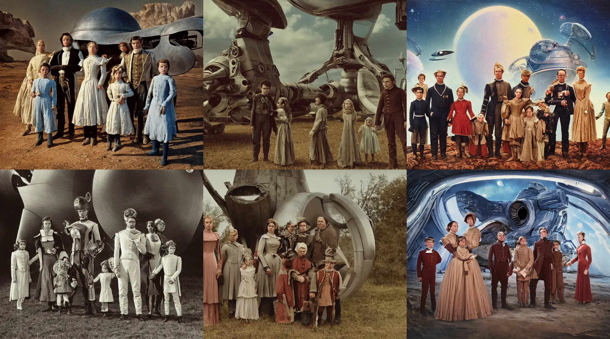 Prompt: sharp, detailed, 256k film still from a sci fi blockbuster color movie made in 2022, set in 1860, of a family standing in front of a spaceship that has just landed on an alien planet, a humanoid alien creature stands nearby, the family are all wearing 1860s era clothes, cinematic lighting, good photography, sharp focus
