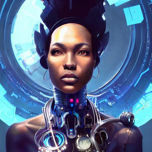 Prompt: a portrait of Adhel Bol as a beautiful cybernetic techno queen, black woman, cyberpunk concept art by pete mohrbacher and wlop and artgerm josan gonzalez and syd mead, digital art, highly detailed, intricate, sci-fi, sharp focus, Trending on Artstation HQ, deviantart, unreal engine 5, 4K UHD image