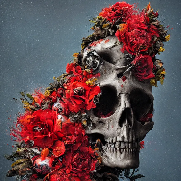 Image similar to A beautiful oil painting hyperrealism of a decayed black head, rotting black clay skin, skull bones, red flowers, floral headdress, 8k resolution, octane render, Trending on artstation, by Gediminas Pranckevicius, volumetric light 2blue fractal Thunder glow by dan mumford, anaglyph effect, Laurie Lipton