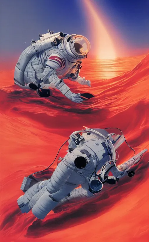 Prompt: detailed artwork by syd mead of an astronaut in a red alien ocean, drowning, high noon, red water under alien burning sun, 4k octane render, by syd mead