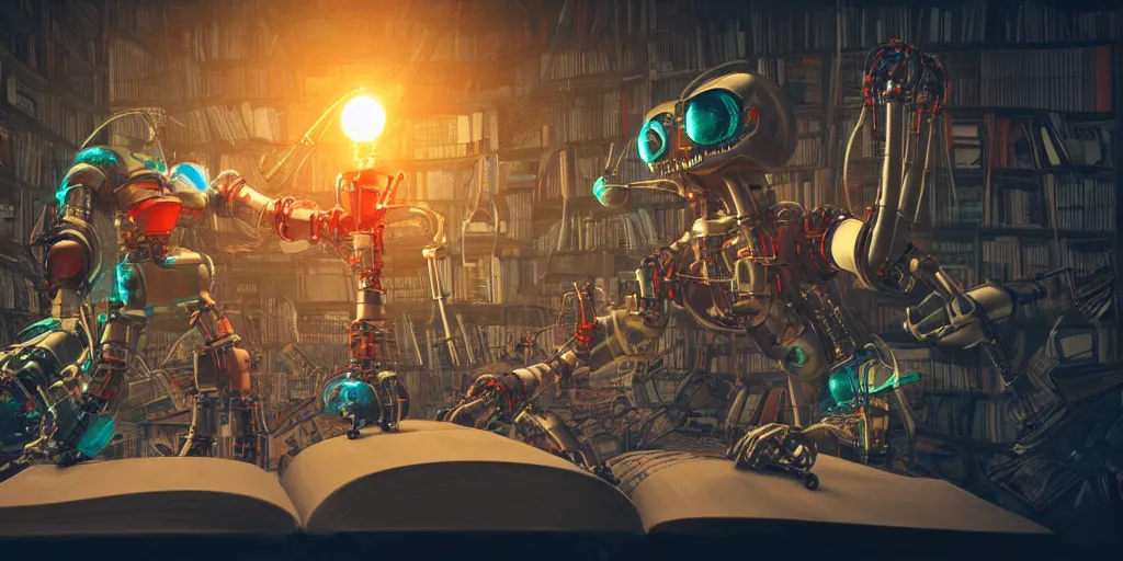 Image similar to A frightening multi armed evil robot devouring books with pipes and tubes and pages floating down, hyperealistic very colourful hdr cinematic lighting cgi render photorealistic cinematic octane render