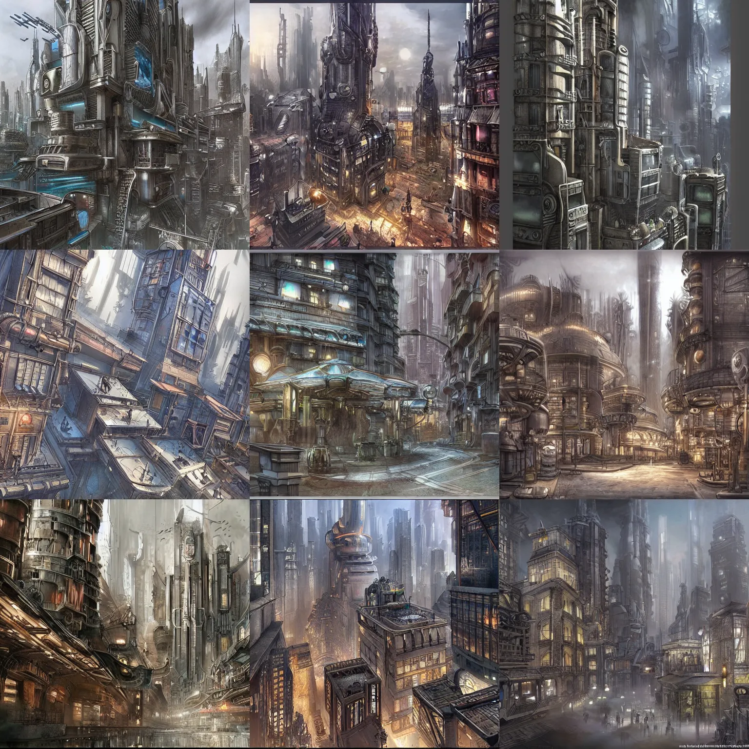 Prompt: ultra realistic architectural drawings of sci-fi steampunk cityscape, distopian