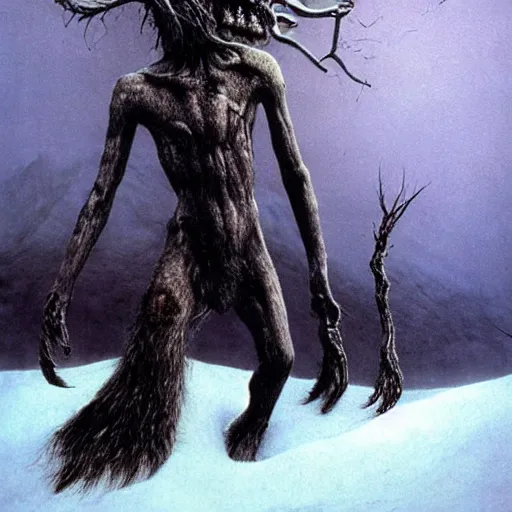 Prompt: wendigo prowling in the ancient snow mountain, beksinski