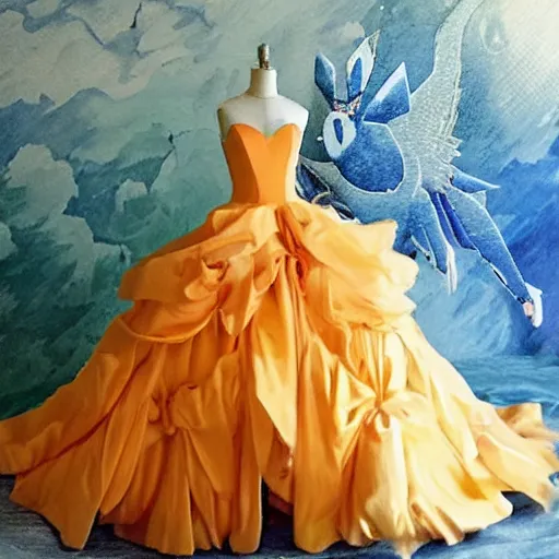 Prompt: A ball gown inspired by the Pokémon articuno