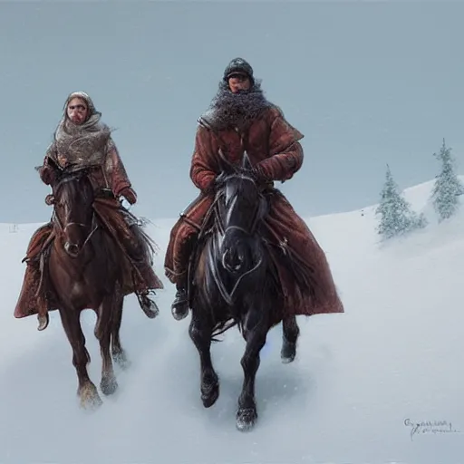Image similar to Two northerners on horseback seen from afar riding in the snow, snowy landscape, snow storm, fantasy, highly detailed, digital painting, artstation, concept art, illustration, art by Greg Rutkowski and Marc Simonetti