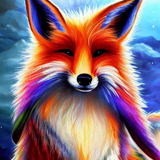 Prompt: cute fluffy fox with rabbit ears and long colorful flowing fur with mohawk hairstyle hybrid animal detailed painting 4 k