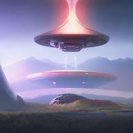 Image similar to a digital painting of a gigantic big enormous ufo spaceship in the sky on earth concept art by simon stalenhag and peter mohrbacher cgsociety, speedpainting, apocalypse art. unreal engine. hyper - realistic. photo realistic. 3 d render. octane render. detailed masterpiece. extreme wide shot.