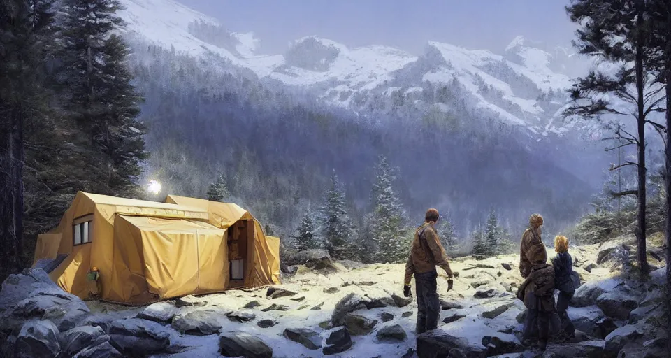 Image similar to cabela's beautiful comfortable modular insulated container home wall kit - house all weather family dwelling tent house, person in foreground, mountainous forested wilderness open fields, beautiful views, painterly concept art, environmental concept art, concept art illustration, by james gurney, by craig mullins, by greg rutkowski trending on artstation