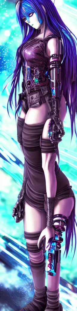 Image similar to anime cyberpunk dark fantasy gothic art, cute and beautiful full body female damaged cyborg - angel in the style of stand alone complex, akira, durararara, red blue purple black fade, intense watery glowing red and blue eyes, cinematic lighting, highly intricate detailed, wavy hair, advanced digital anime art, wlop and rossdraws and sakimimichan