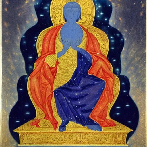 Image similar to what looked like a throne of lapis lazuli, and high above on the throne was a figure like that of a man. waist up, he looks like glowing metal, as if full of fire, and that from there down he looked like fire ; and brilliant light surrounded him. like the appearance of a rainbow in the clouds on a rainy day.