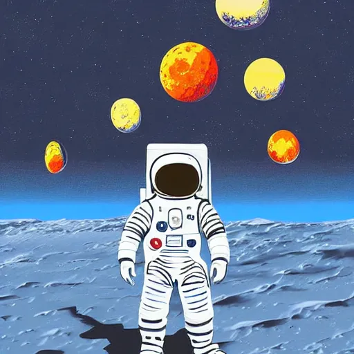 Prompt: a big fat astronaut walk on the moon, mcdonald's on the moon background, digital painting