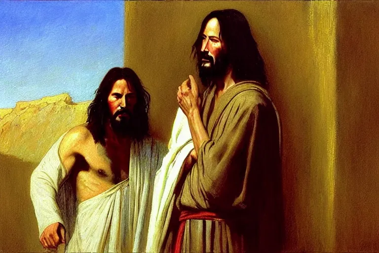 Image similar to keanu reeves as jesus christ in “ the last temptation of christ ” ( 1 9 8 8 ). oil painting in the style of edward hopper and ilya repin gaston bussiere, craig mullins, j. c. leyendecker. warm colors. detailed and hyperrealistic. concept art