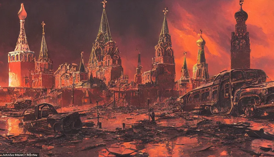 Prompt: A detailed render of a post apocalyptic scene of Kremlin in Moscow ruined and devastated by fires, burned down rusty Moscow buses in flood water, sci-fi concept art, by Syd Mead, highly detailed, oil on canvas