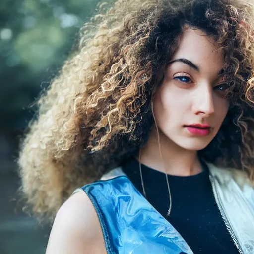 Image similar to selfie of a young woman, wearing a translucent and iridescent jacket over a tank top, curly long hair, caucasian, sigma 85mm f/1.4, 4k, depth of field, high resolution, 4k, 8k, hd, full color