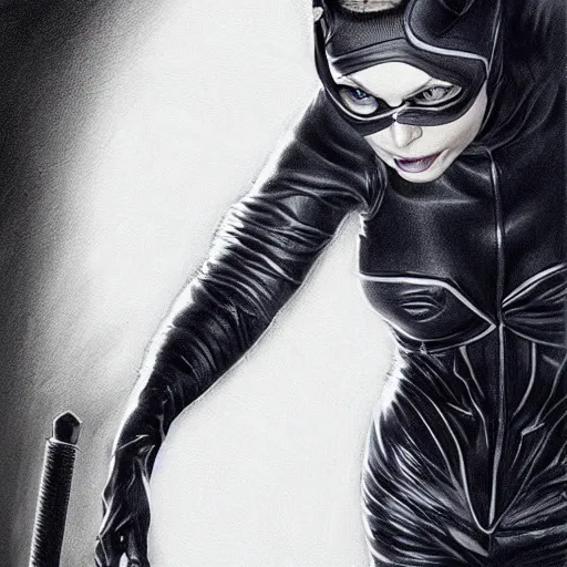 Image similar to amazing lifelike award winning pencil illustration of Michelle pfeiffer as catwoman trending on art station artgerm Greg rutkowski cinematic