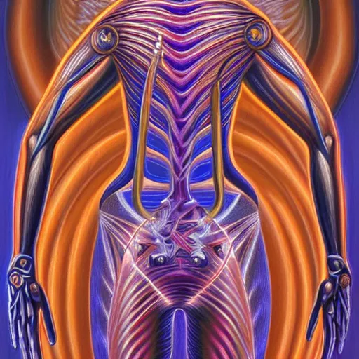 Image similar to enlightened biomechanical a. i, oil painting by alex grey