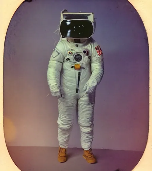 Image similar to A photo taken at night of 1980s VR spacesuit designed by US Army, scary athmosphere, dark, single vague light, desert military base, desatured colors, slightly old Polaroid photo found in the attic