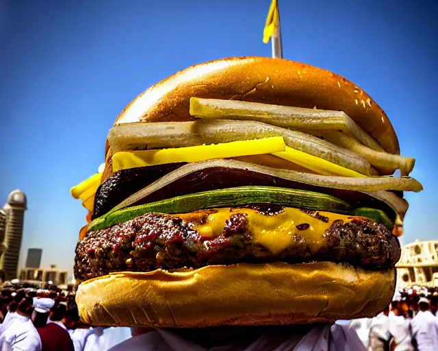 Image similar to burger. The Kaaba (Arabic: ٱلْكَعْبَة, romanized: al-Kaʿbah, lit. 'The Cube', Arabic pronunciation: [kaʕ.bah]), also spelled Ka'bah or Kabah, sometimes referred to as al-Kaʿbah al-Musharrafah (Arabic: ٱلْكَعْبَة ٱلْمُشَرَّفَة, romanized: al-Kaʿbah al-Musharrafah, lit. 'Honored Ka'bah'), is a building at the center of Islam's most important mosque, the Masjid al-Haram in Mecca, Saudi Arabia.[1][2] It is the most sacred site in Islam.[3] It is considered by Muslims to be the Bayt Allah (Arabic: بَيْت ٱللَّٰه, lit. 'House of God') and is the qibla (Arabic: قِبْلَة, direction of prayer) for Muslims around the world when performing salah. inspired by a burger