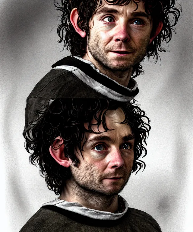 Prompt: a detailed fifty mm portrait of ( dominic bernard patrick luke monaghan ) meriadoc brandybuck as a hobbit in a black adidas track suit with white stripes, headshot, highly detailed, digital painting, artstation, concept art, sharp focus, cinematic lighting, illustration, art by met mangindaan, artgerm and greg rutkowski, alphonse mucha, cgsociety