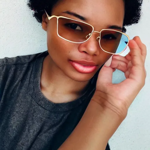 Prompt: a beautiful blasian woman with heterochromia and freckles with rayban glasses on