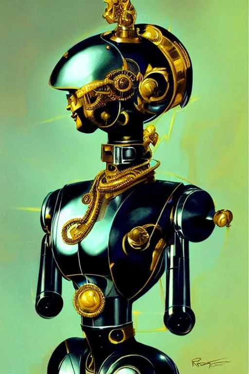 Prompt: robot with golden skin, ornate, regal, digital illustration, concept art, by Rolf Armstrong