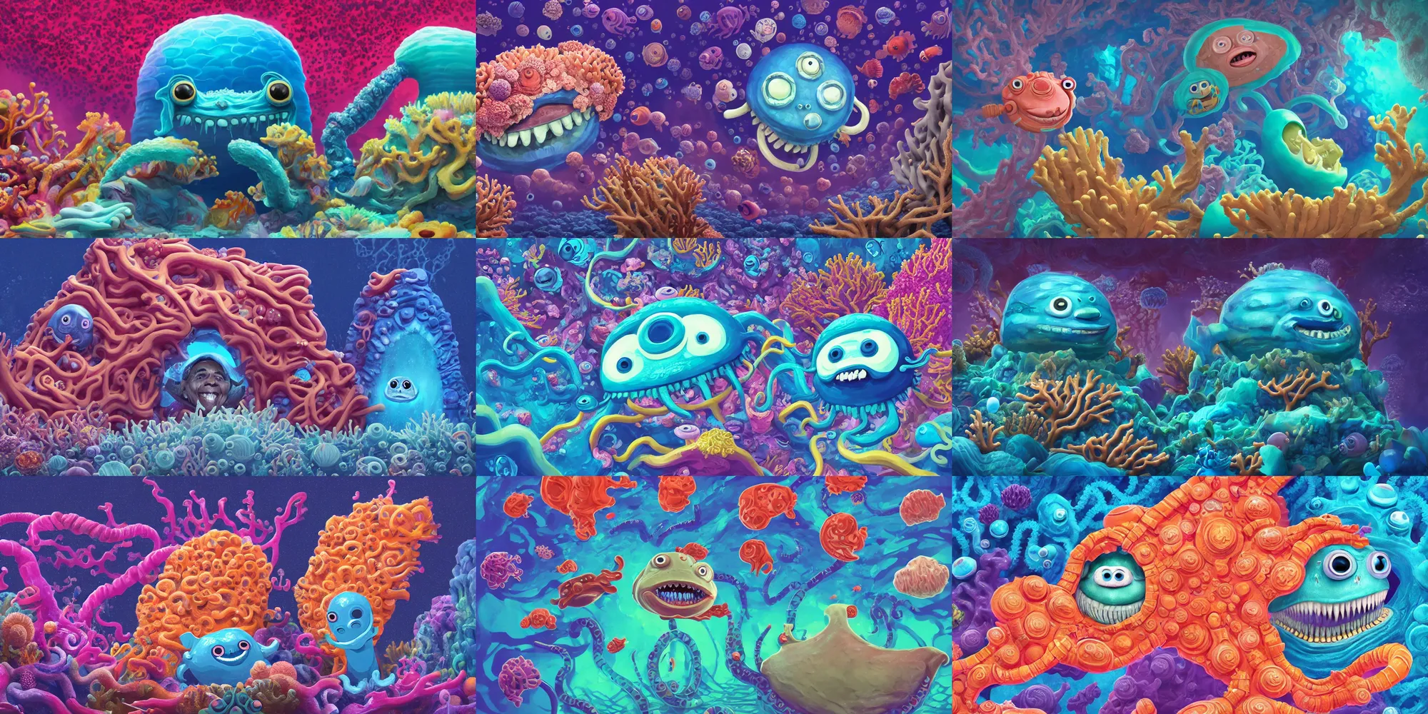 Prompt: barack obama, of a colorful cloudy deep sea under water with strange cute friendly happy creatures with huge eyes, mouth, long tongue and round teeth appearing from sandy coral, in the style of gehry and gaudi, macro lens, highly detailed, digital painting, trending artstation, concept art, illustration, cinematic lighting, vibrant colors, photorealism, epic, octane render