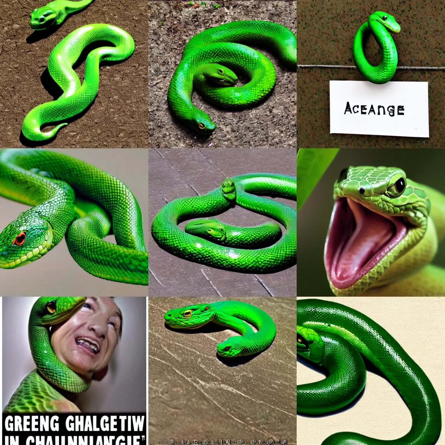 Prompt: Green snake making the challenge accepted meme face