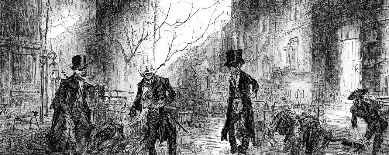 Prompt: Jack the ripper lurking at an innocent victim, 18th century London, streets, horror theme, detailed, elegant, intricate, cinematic lightning