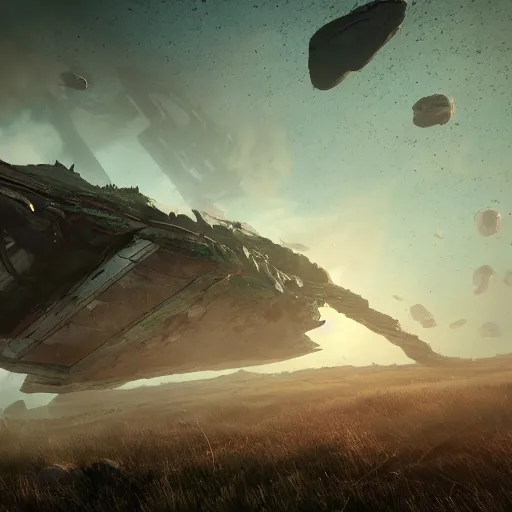 Image similar to the land reclaims a crashed space frigate, alien life, in the style of James Chadderton, ectoplasm, giant creatures roam, natural lighting, low angle camera, unreal engine