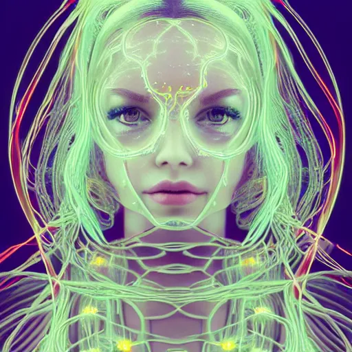 Image similar to very beautiful woman, full face frontal centered, portrait, detailed intricate symmetrical ornate neon cables connected to head, clear lips, luxurious hair, sophisticated abundent wiring and implants, translucent, porcelain, fractal, sci - fi, dramatic lighting, photography, highly detailed, trending on artstation, deviantart, 8 k, by chie yoshii