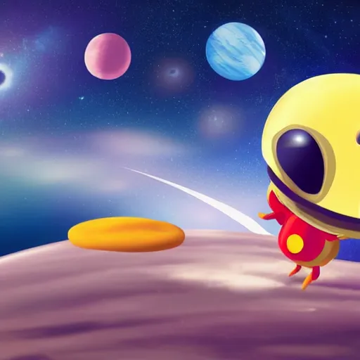 Prompt: a mouse dressed like an astronaut is on a planet made of cheese. a cute rocket ship is behind the mouse. There's a dreamy galaxy in the background.