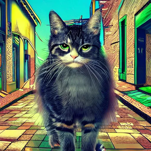 Prompt: “A cat wearing a pharaoh's headdress in an alley, synthwave digital art photorealistic”