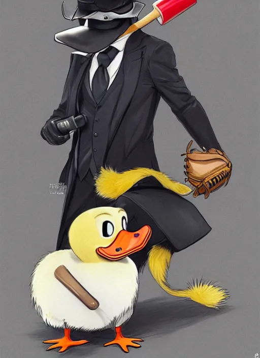 Image similar to commissioned full body portrait of a male anthro duck fursona with a duck head wearing a nice black suit and a fedora holding a baseball bat sitting on the hood of a police patrol car in a baseball stadium, by a professional manga illustrator, Stanley Artgerm Lau, WLOP, Rossdraws, James Jean, Andrei Riabovitchev, Marc Simonetti, and Sakimichan, trending on artstation