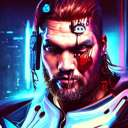 Prompt: a cyberpunk painting of Jason Mamoa as a cyborg by Ross Tran, digital art