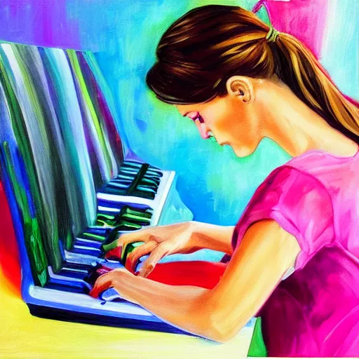 Prompt: realistic painting portrait of a woman programming a computer, colorful computer screen, home office, colorful toys all over the floor, piano in the background, cosy, serene, morning light, detailed painting, vivid colors, solid color background