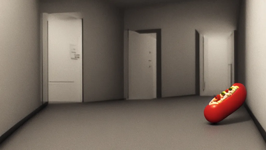 Image similar to 3d render of a hotdog floating ominously in a hallway