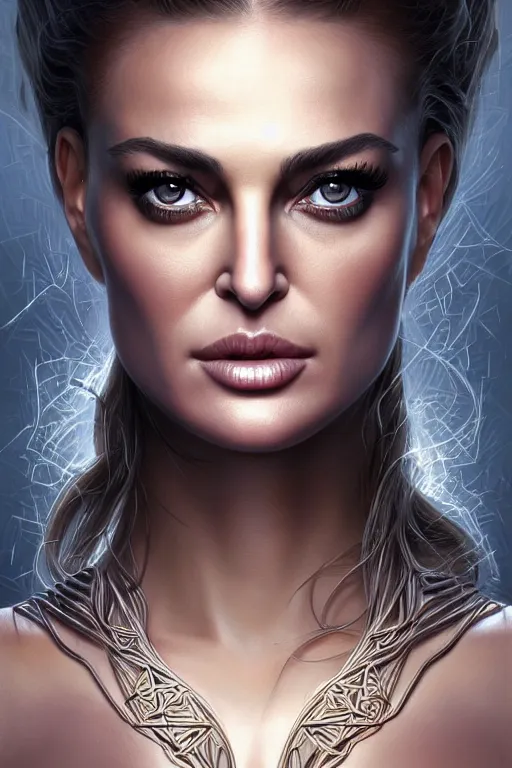 Image similar to symmetry!! high quality portrait of a woman who resembles carmen electra!! mixed with natalie portman in the style of god of war, machine parts embedded into face, intricate, elegant, highly detailed, digital painting, artstation, concept art, smooth, sharp focus, illustration, art by artgerm and greg rutkowski and alphonse mucha, 8 k