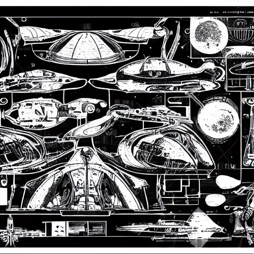 Prompt: black and white spaceship blueprint aliens