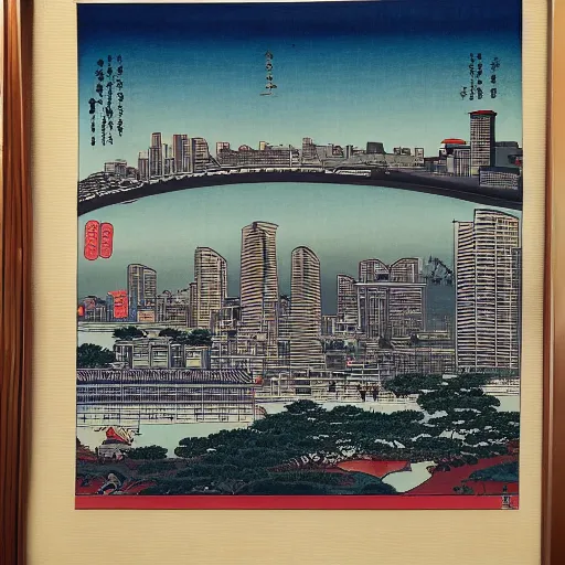 Image similar to ukiyo - e painting of the skyline of singapore hdb