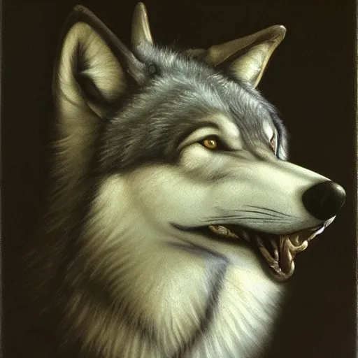 Prompt: realistic wolf fursuit, naturalistic oil painting by michelangelo merisi da caravaggio, chiaroscuro